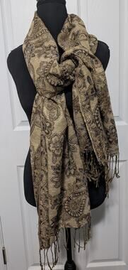 Women's Tan & Gold Brown Paisley Jacquard Pashmina Scarf with Fringe